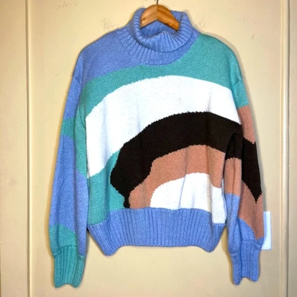 Art Turtleneck Landscape Jumper Muted Blue House of Sunny Multicolor Sweater - Picture 2 of 8